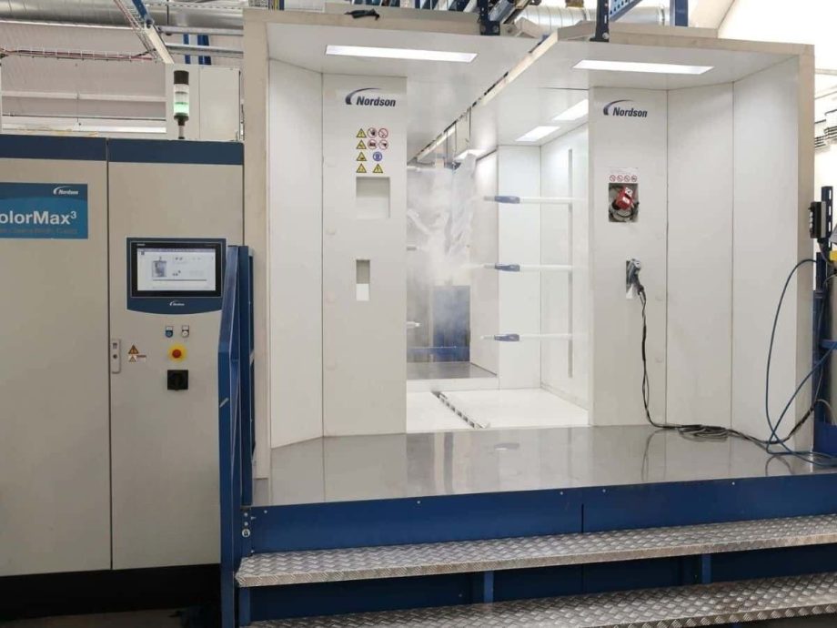 Automated Nordson powder coating booth in Leicestershire industrial finishing facility