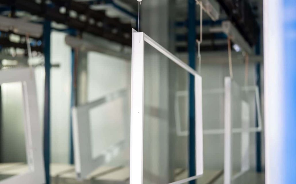 Sheet metal frames hanging on conveyor in powder coating line UK